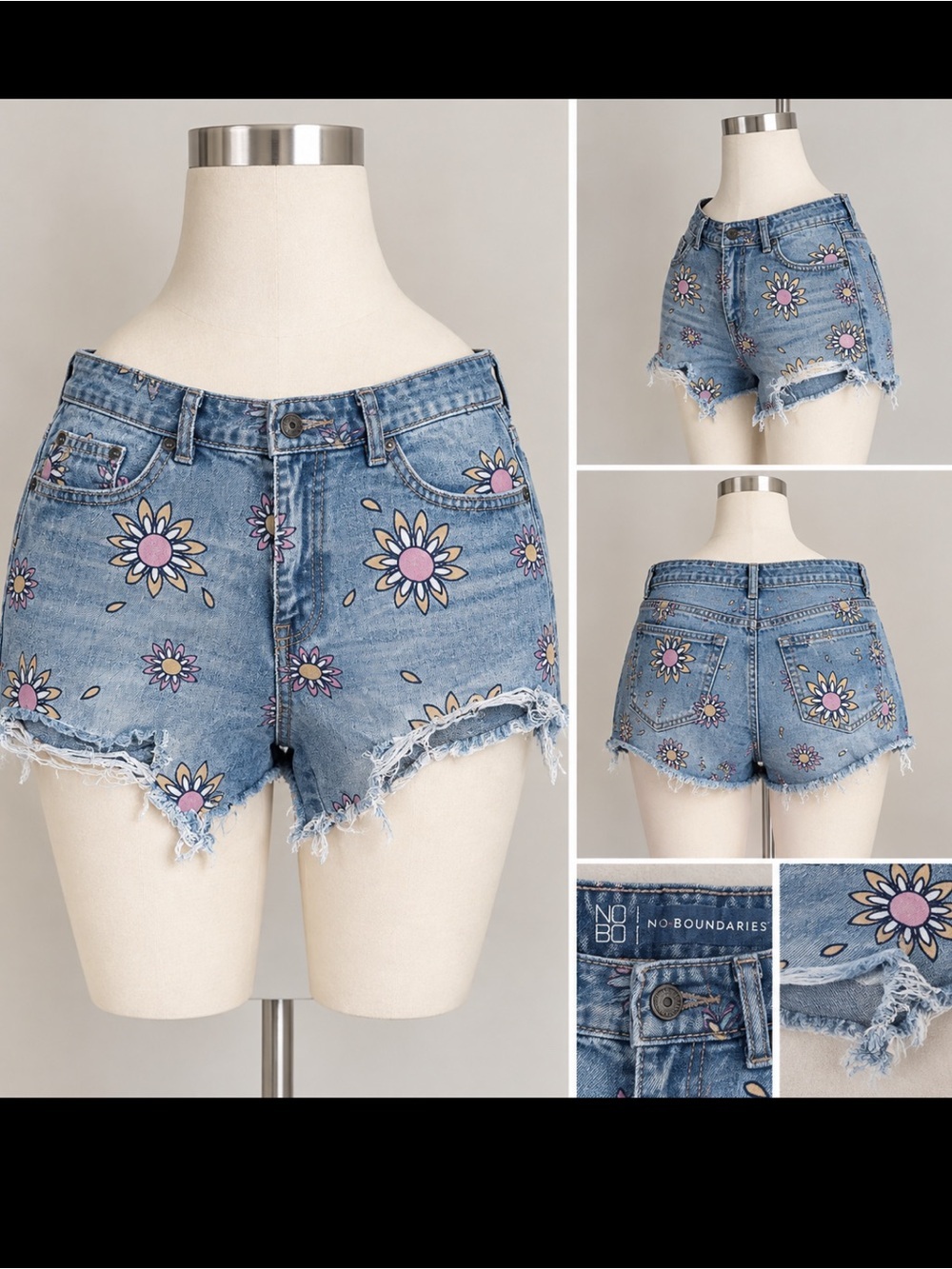 No Boundaries Light Blue Denim Daisy Print High-Rise Shorts - Pink/Yellow